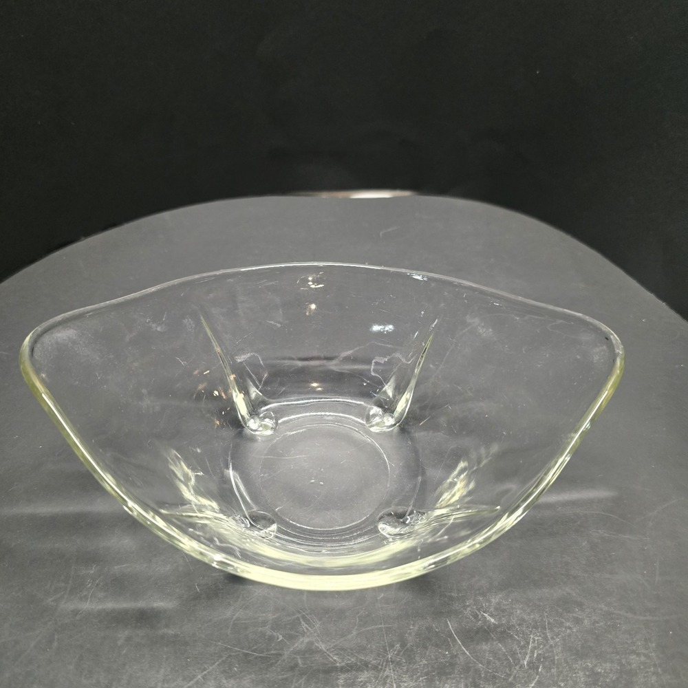 Vintage Swedish Modern‎ Cut Oval Clear Glass Bowl With Teardrop Feet